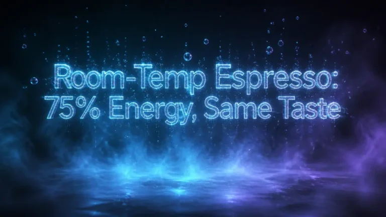 Holographic typography reading 'Room-Temp Espresso: 75% Energy, Same Taste' floating in dark mist with glowing bubble particles, representing ultrasonic espresso innovation