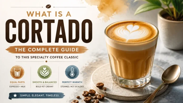 A hyper-realistic 3D render of a cortado coffee in a glass cup with artistic watercolor textures and modern typography.