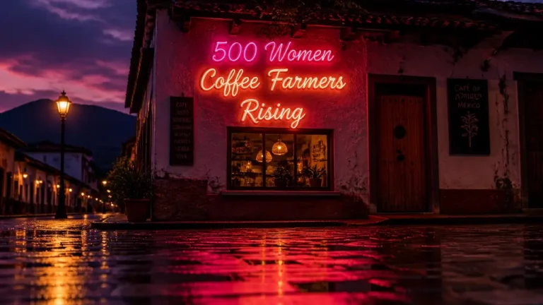 Neon sign reading '500 Women Coffee Farmers Rising' reflecting on wet pavement at dusk, Chiapas coffee coalition launch