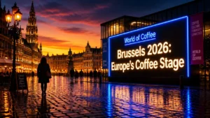 Neon sign reading Brussels 2026: Europe's Coffee Stage in a wet city square at dusk, with warm reflections and a dramatic sky