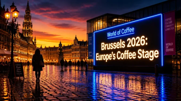 Neon sign reading Brussels 2026: Europe's Coffee Stage in a wet city square at dusk, with warm reflections and a dramatic sky