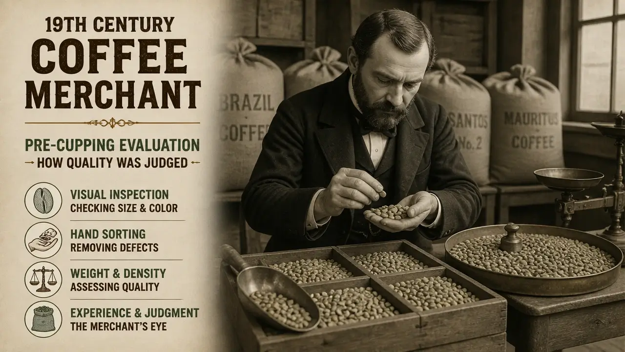 Archival photo of a 19th-century coffee merchant visually inspecting green coffee beans by hand for quality