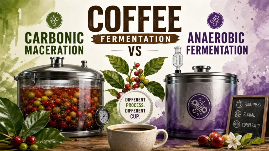 Side-by-side infographic comparing carbonic maceration vs anaerobic fermentation in wine making, highlighting key differences with 3D watercolor style