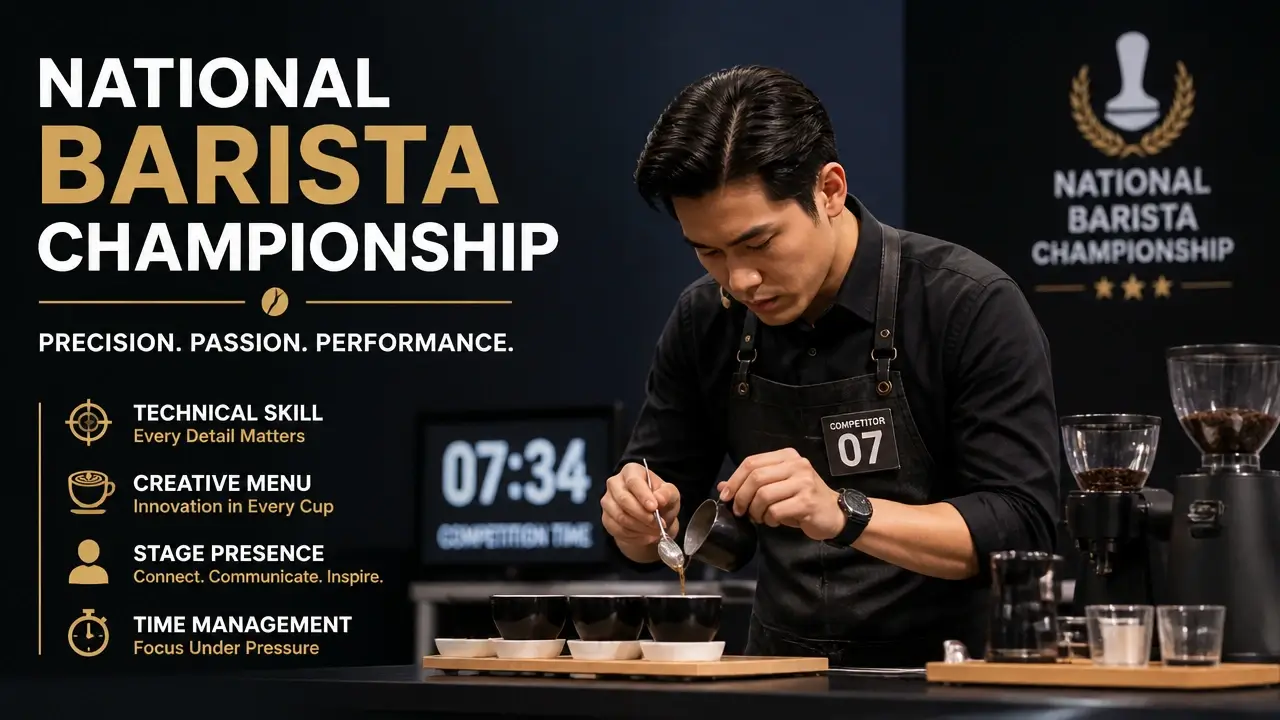 Types of Coffee Competitions: Every Major World Championship and How to Choose Your Stage 4 Barista competing at national barista championship with intense concentration and technical equipment on stage