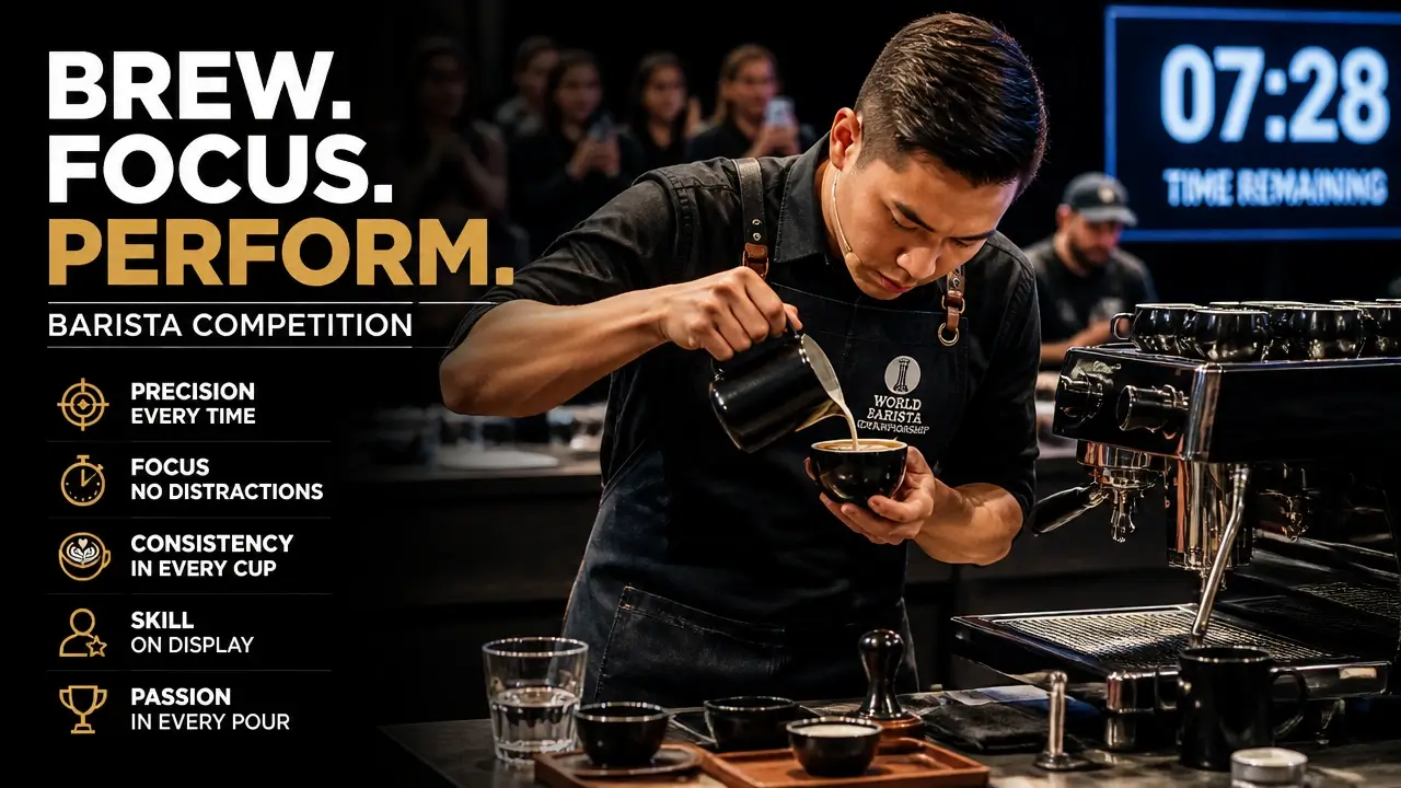 Are Coffee Competitions Worth It? The Real Costs, Gains, and a Framework to Decide 4 Barista competing with intense focus surrounded by coffee equipment and competition setup