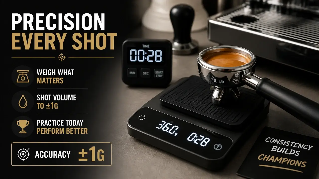 How to Prepare for a Barista Competition: The Complete Competitor's Playbook 6 Barista using scale and timer to measure espresso shot volume with portafilter for competition practice