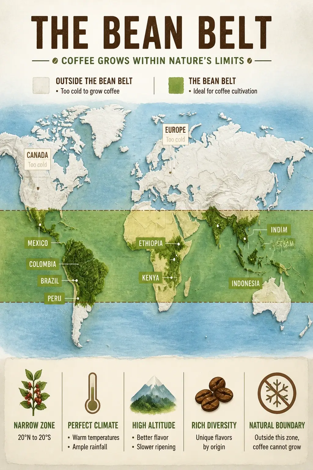 World map infographic highlighting the coffee Bean Belt with Europe and Canada shown as blank zones to illustrate geographical exclusion