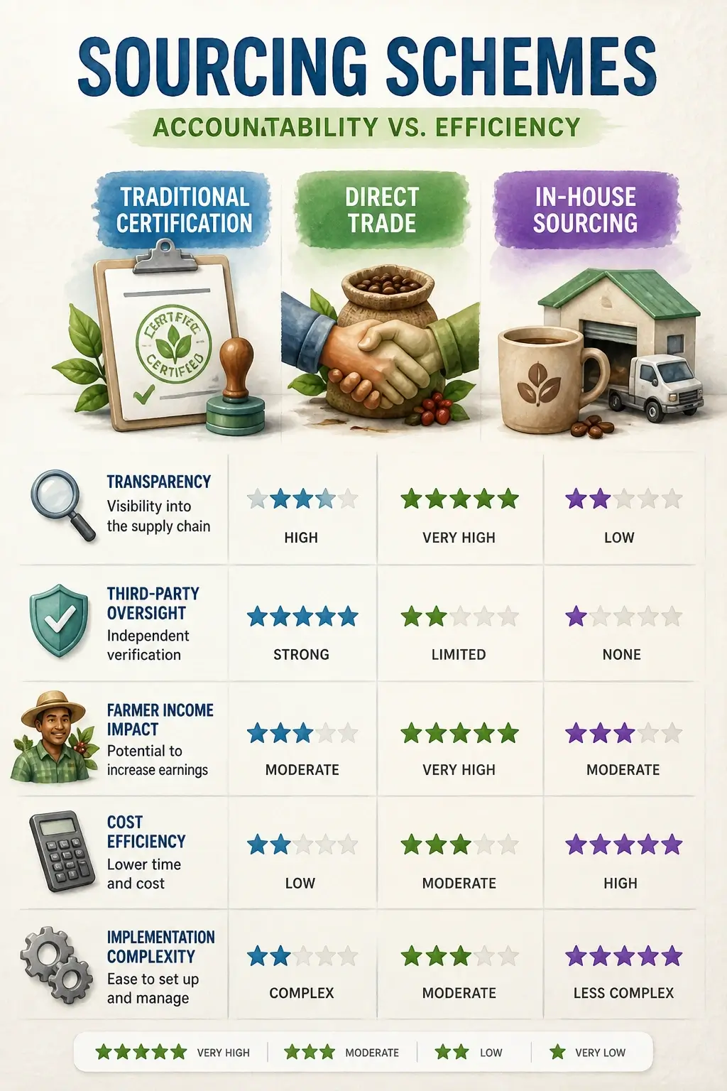 Infographic comparing traditional certification, Direct Trade, and in-house sourcing schemes on transparency, third-party oversight, and farmer income impact in a 3D watercolor style