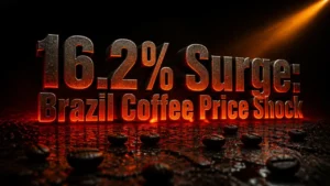 Glowing red 3D typography reading '16.2% Surge: Brazil Coffee Price Shock' on dark textured surface with scattered coffee bean silhouettes, dramatic lighting