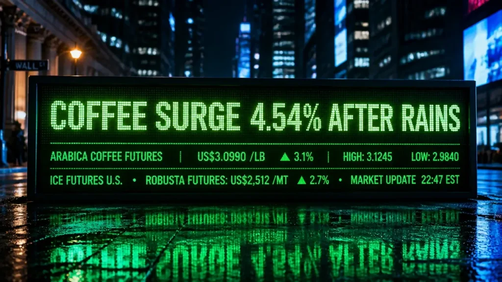 Brazil coffee price surge after harvest rains 5 Glowing LED ticker panel displaying coffee price surge headline with futures numbers against dark urban night scene