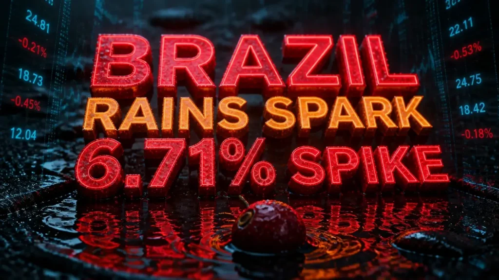 Arabica coffee prices spike on Brazil rains 9 Glowing red 3D typography reading 'Brazil rains spark 6.71% spike' on wet dark textured surface with abstract coffee cherry, illustrating arabica coffee price surge.