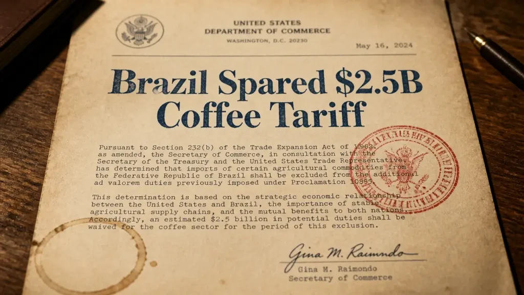 Official document with red stamp and headline announcing exemption of Brazilian instant coffee tariffs, vintage bureaucratic style