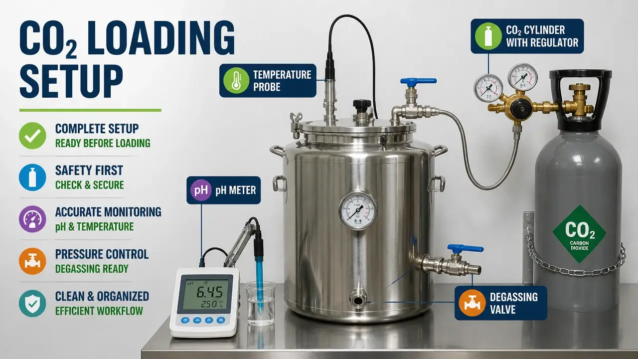 Stainless steel tank CO2 cylinder pH meter temperature probe degassing valve on clean workspace