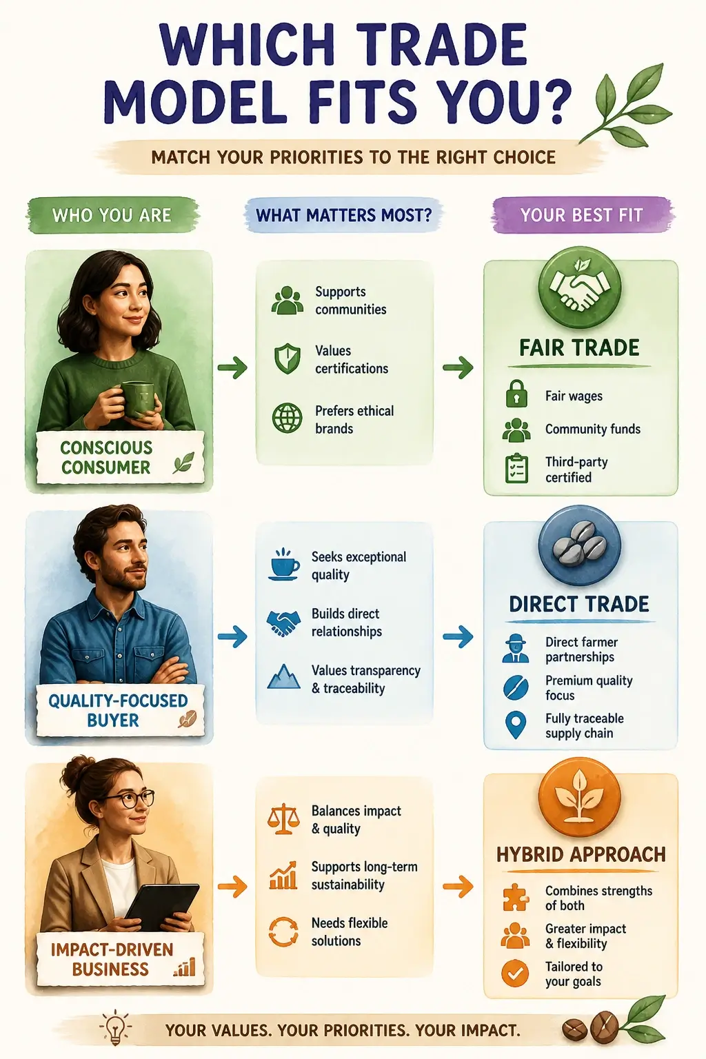 Hyper-realistic 3D infographic with watercolor texture showing buyer persona profiles connected to Fair Trade, Direct Trade, and hybrid choices in a decision-flow diagram