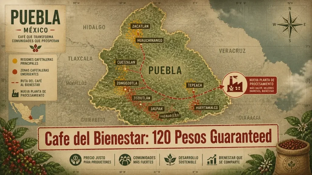 Stylized map of Puebla with coffee regions, red dashed route, and typographic headline 'Cafe del Bienestar: 120 Pesos Guaranteed' overlaid