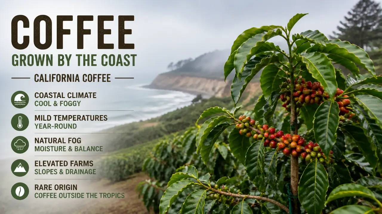 Coffee plant growing on California coastal farm in non-tropical environment