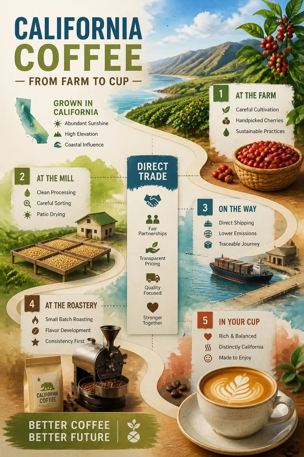Infographic showing farm-to-cup journey of California specialty coffee with climate, direct-trade, and consumer experience elements