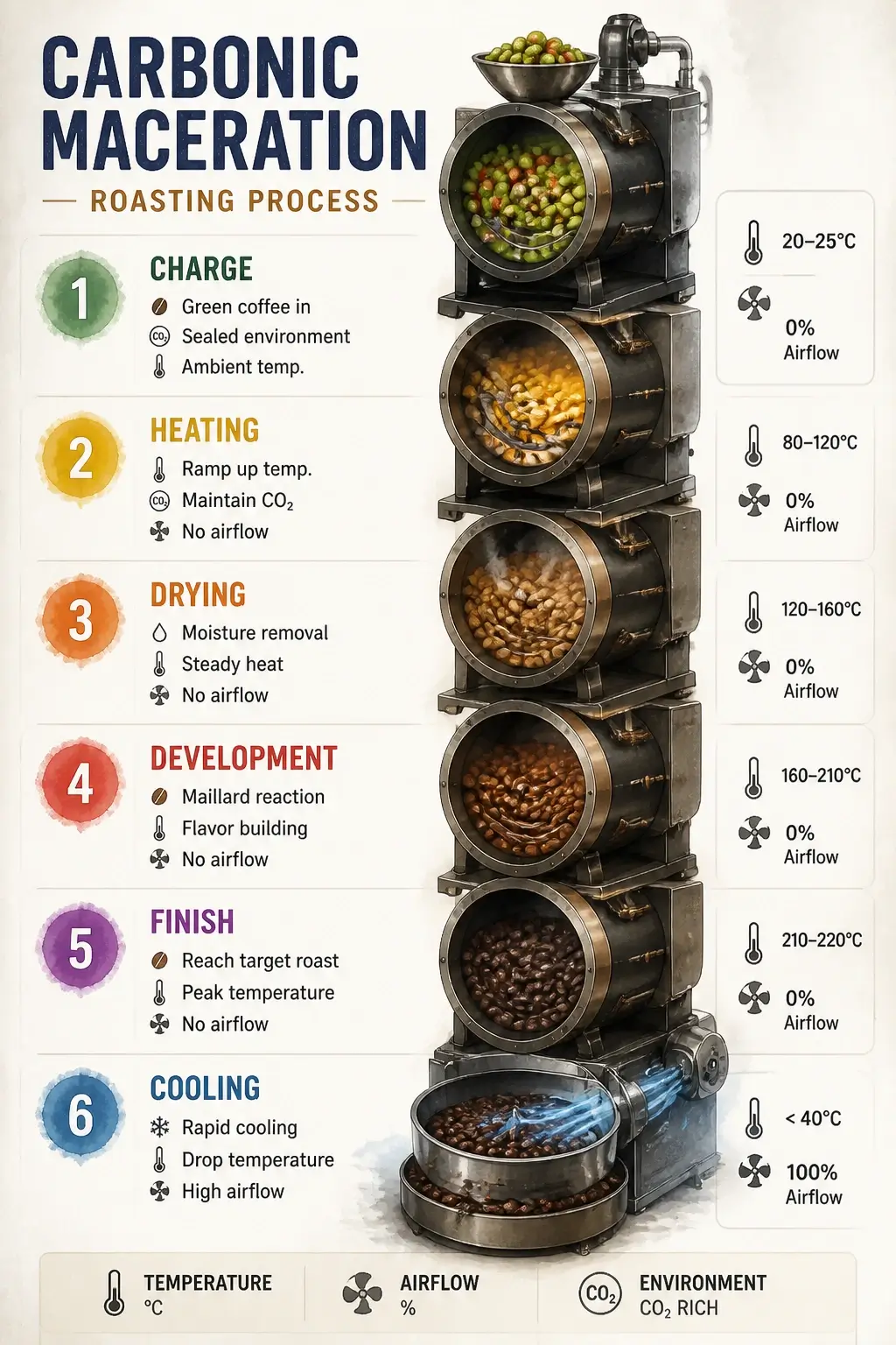Infographic showing step-by-step carbonic maceration roasting process from charge to cooling with temperature and airflow targets for pre-roast foundation and green bean preparation