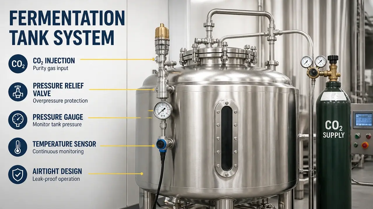 Airtight stainless steel fermentation tank with CO2 injection, pressure valves, and temperature sensors in a commercial carbonic maceration facility