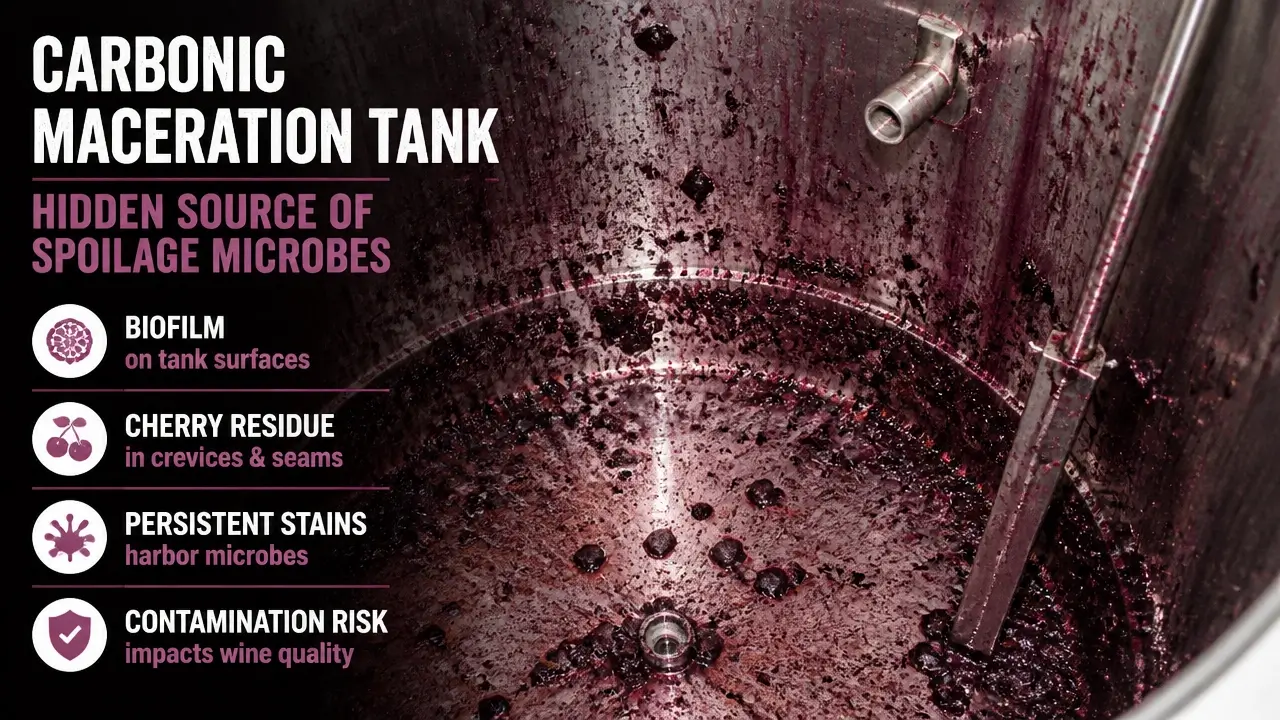 Interior of a carbonic maceration tank showing biofilm and cherry residue, illustrating equipment contamination source of spoilage microbes