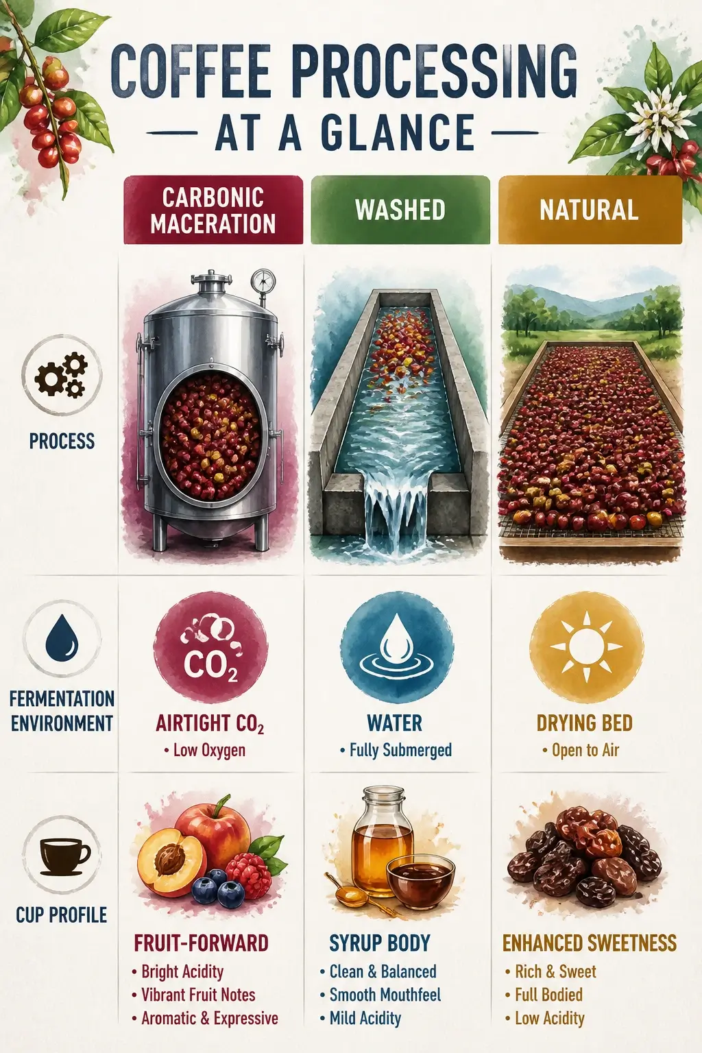 Infographic comparing carbonic maceration washed and natural coffee processing with fermentation environments and cup profiles