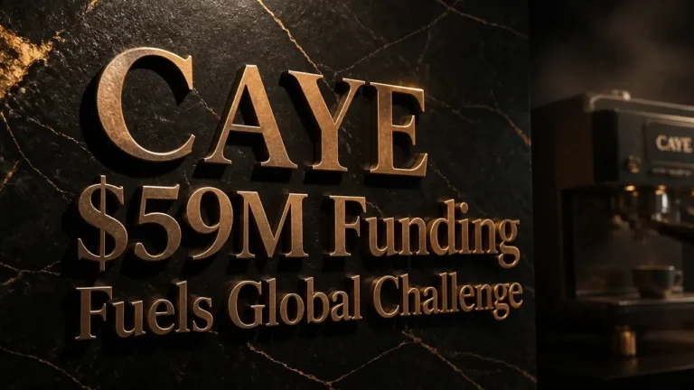 Bronze embossed typography on dark marble announcing CAYE $59 million funding for global coffee machine challenge