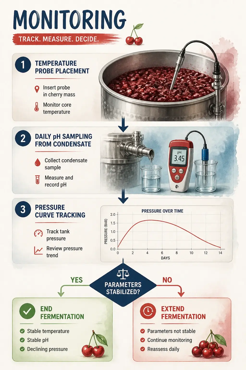 Infographic flowchart showing temperature probe placement in cherry mass, daily pH sampling, pressure curve tracking, and decision path for extending or ending fermentation
