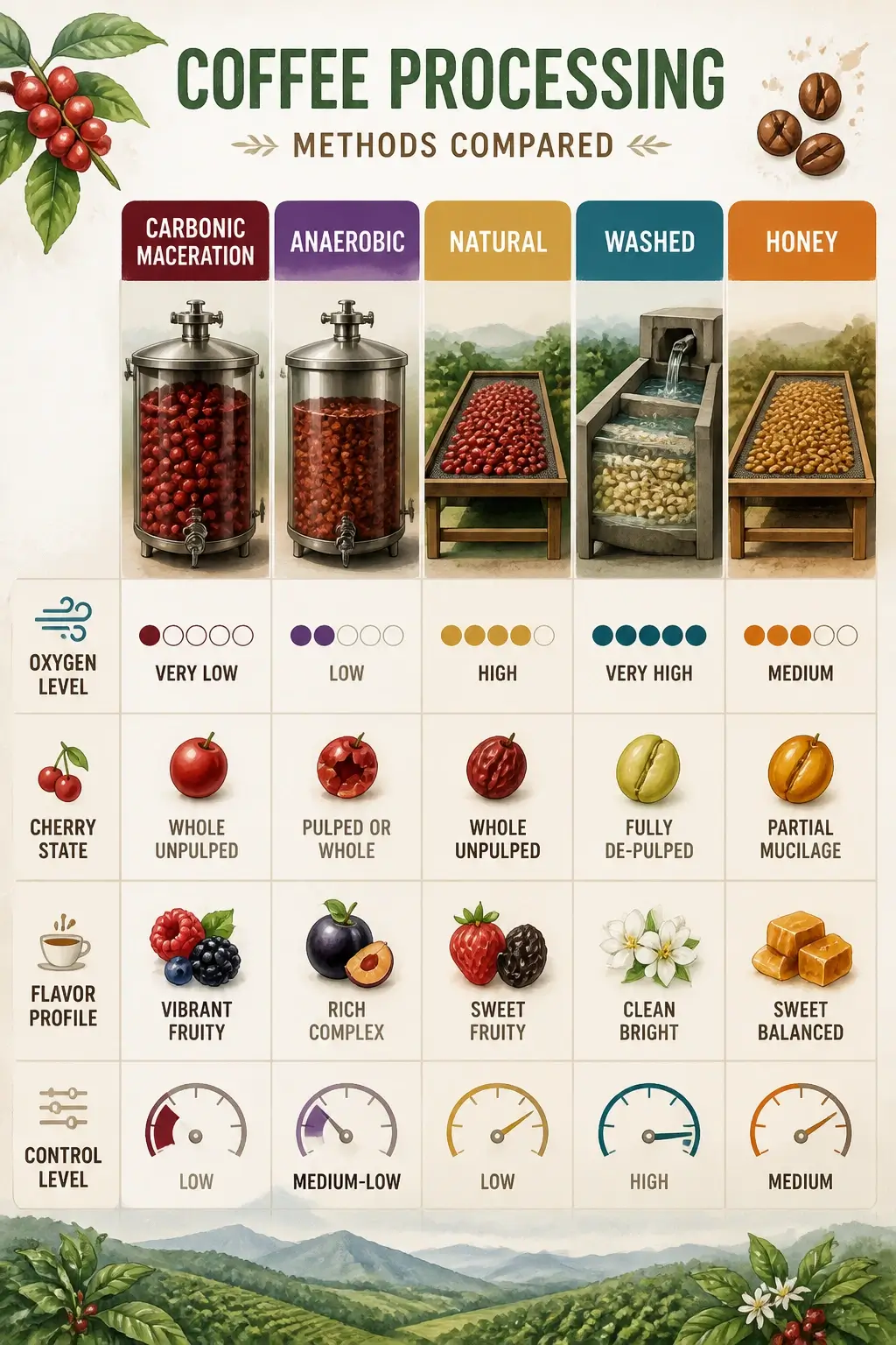 Infographic comparing carbonic maceration to anaerobic, natural, washed, and honey coffee processing methods across oxygen level, cherry state, flavor profile, and control level with 3D watercolor style layout