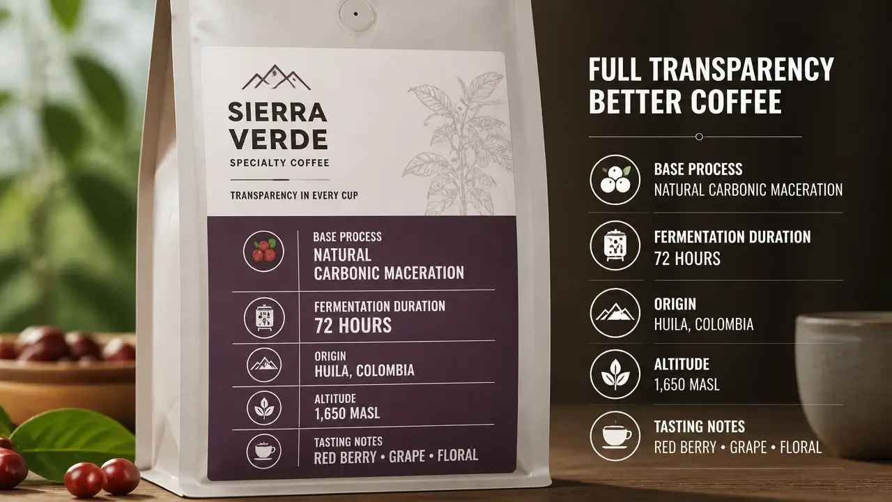 Coffee bag with transparent label showing natural carbonic maceration and fermentation duration