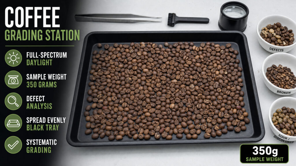 An infographic of a coffee bean grading station showing a 350g sample on a black tray, lighting requirements, defect categories, and a grading sheet for physical inspection.