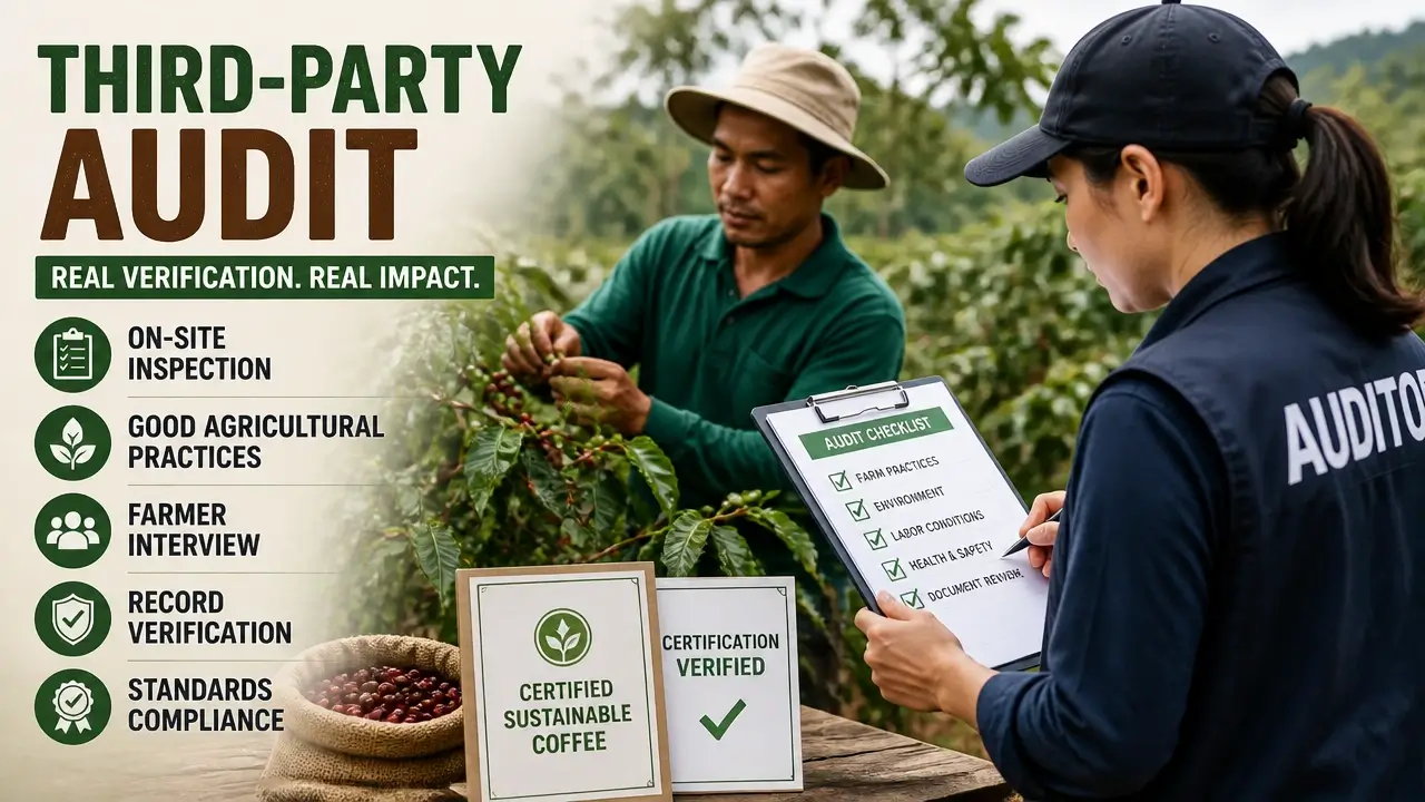 Third party auditor inspecting coffee plants with clipboard and certification documents on small farm