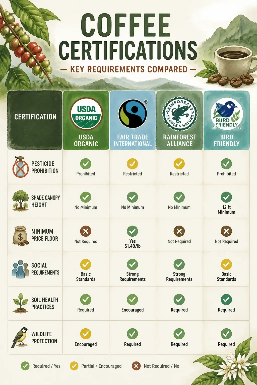Infographic comparing coffee certification logos including USDA Organic, Fair Trade, Rainforest Alliance, and Bird Friendly with key promises such as pesticide prohibition, shade canopy height, and minimum price floor