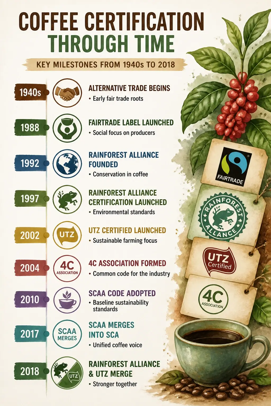 Infographic timeline of coffee certification history from 1940s to 2018, highlighting consolidation era with SCA separate peace and Rainforest Alliance UTZ merger