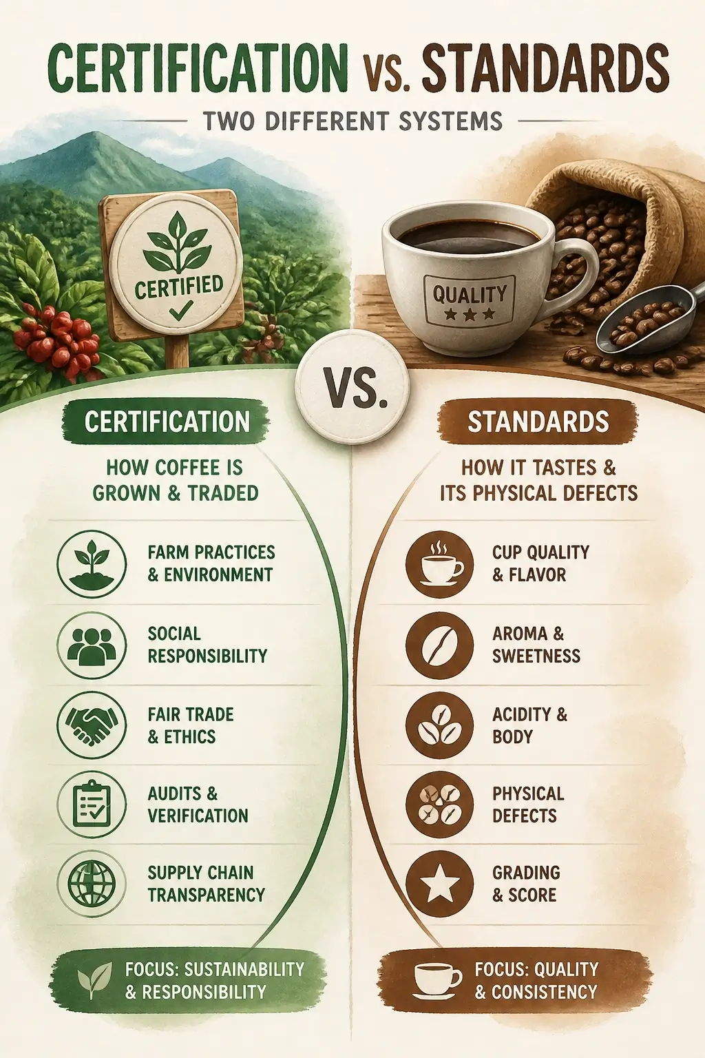 Infographic contrasting coffee certification systems and quality standards with split diagram and icons