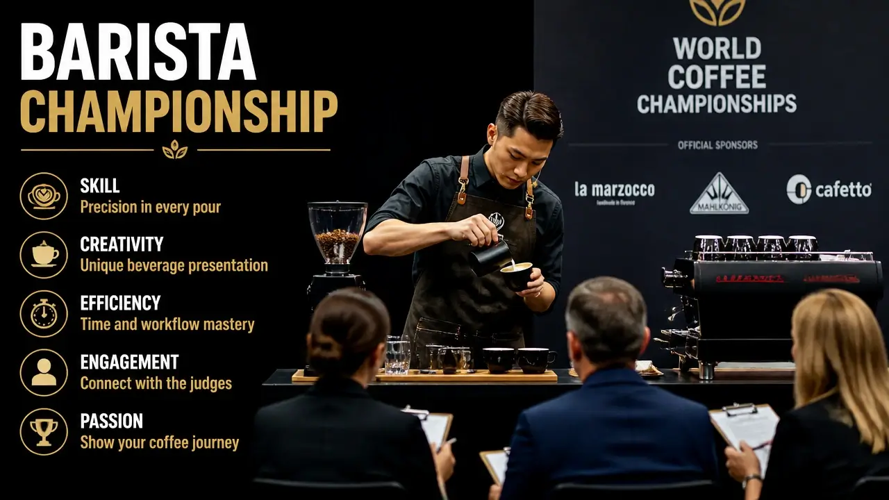 What Is a Coffee Competition? Definition, Purpose, and How the Global Circuit Works 4 Documentary style photo of barista pouring coffee on competition stage with judges and equipment in frame