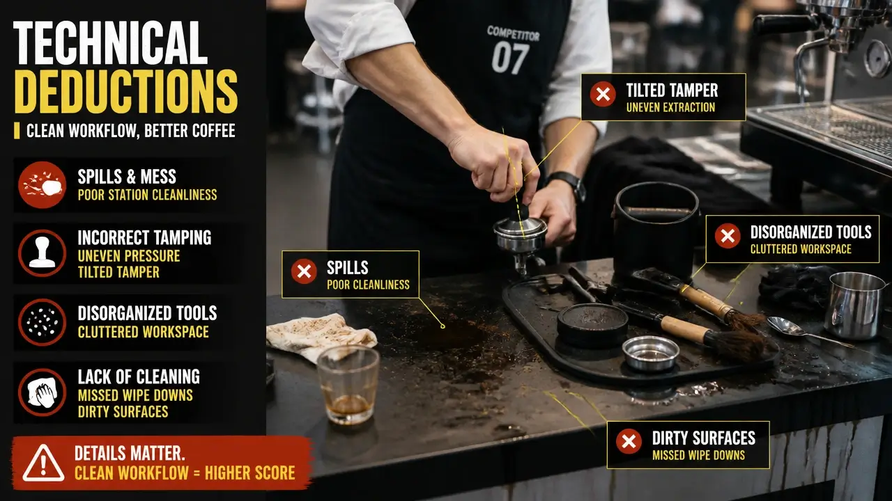 Judging Criteria at Coffee Championships: How Certified Judges Score Your Routine 6 Documentary photo of coffee competition station with spills, disorganized tools, and improper tamping illustrating technical deductions