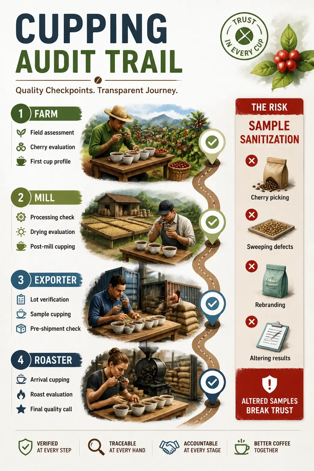 Infographic showing cupping audit trail from farm to roaster with sample sanitization risk
