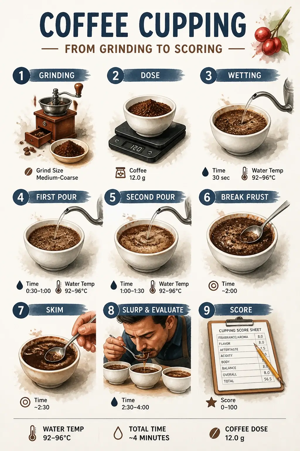 Infographic showing coffee cupping prerequisites including equipment, water chemistry, and environment with timing and temperature markers in 3D watercolor style