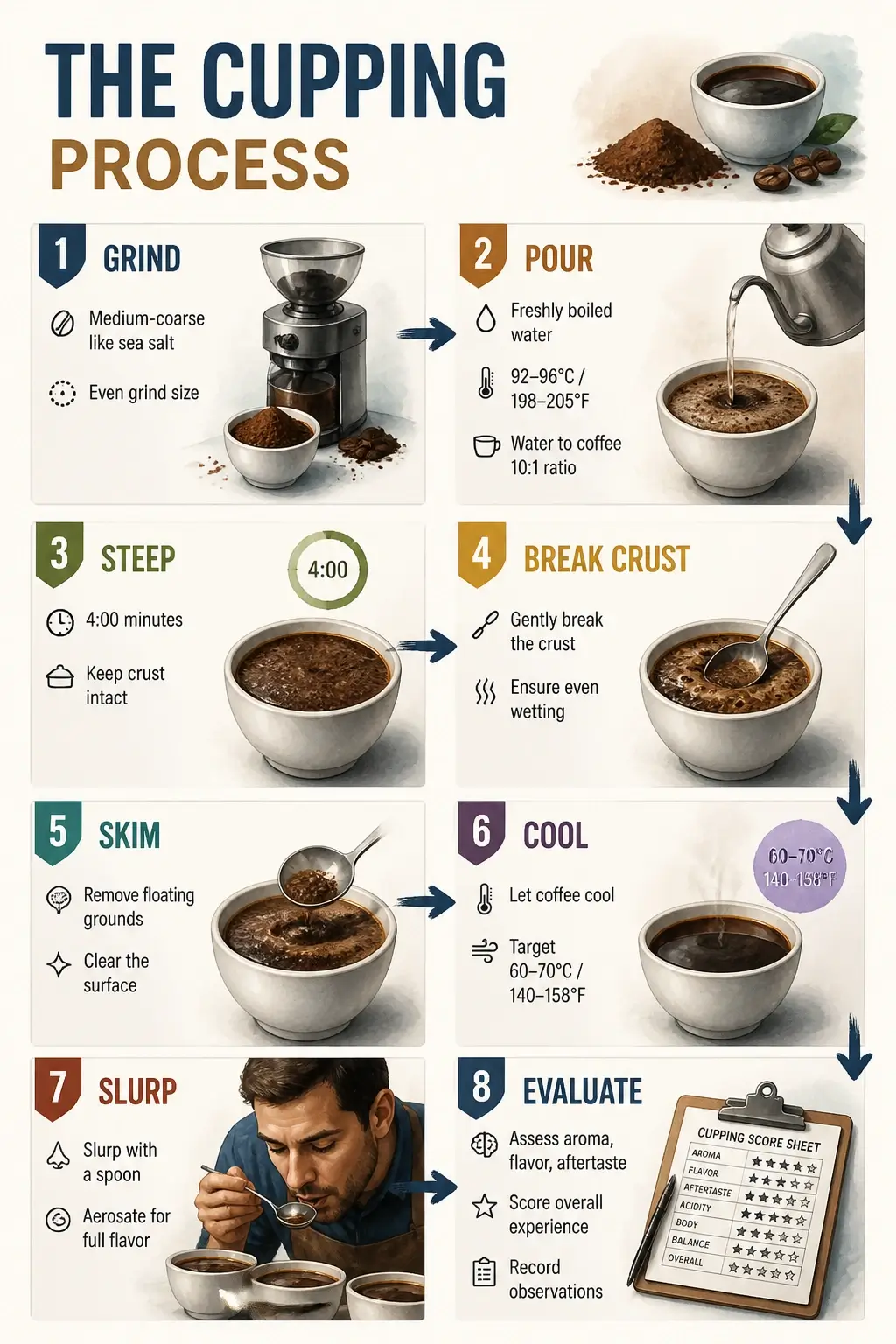 Infographic diagram showing coffee cupping step 2 pour steep 4 minutes break crust skim cool slurp evaluate with icons and arrows