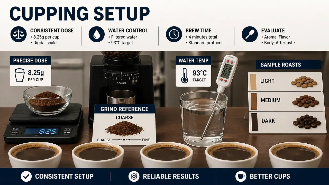 Cupping table with coffee samples, grinder, thermometer, and labeled roasts