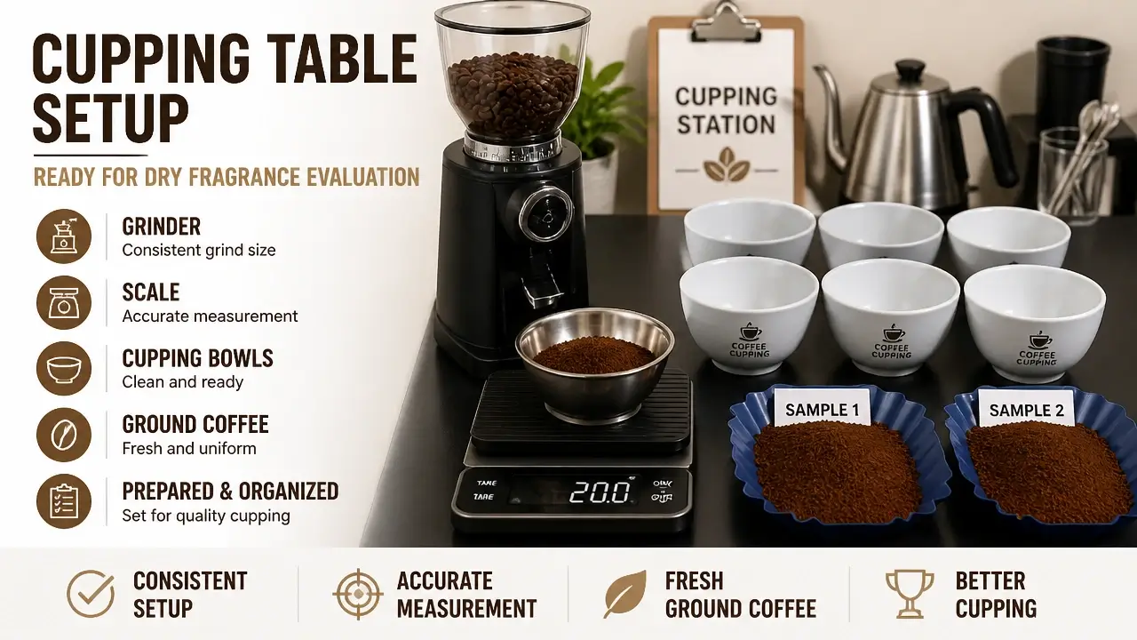 Coffee cupping table with grinder, scale, bowls, and freshly ground coffee for dry fragrance assessment