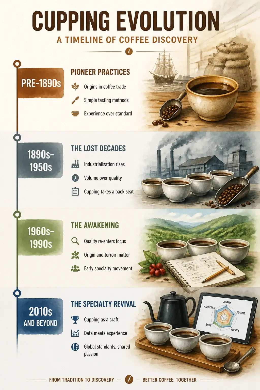 Infographic showing the evolution of coffee cupping from 1930s to 1980s, highlighting the lost decades and specialty coffee awakening