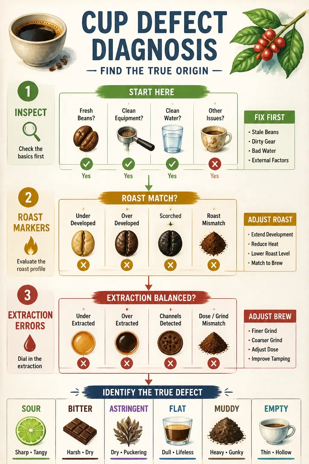 Coffee defect diagnosis decision tree infographic showing green inspection roast markers extraction errors visual cues