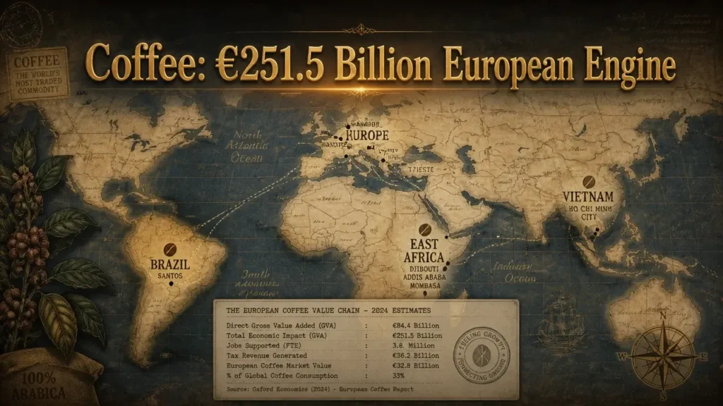 Vintage world map with gold typography displaying coffee economic impact statistic €251.5 billion and trade routes across Europe and origin regions