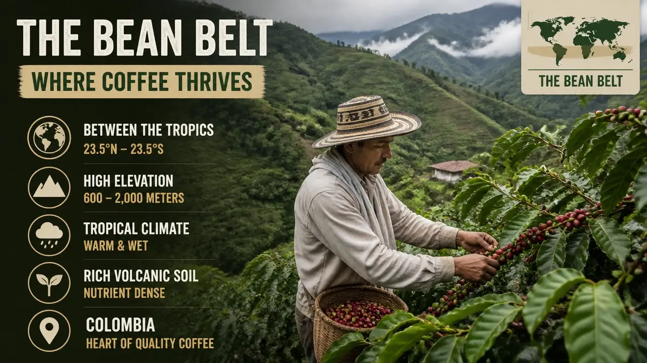 Coffee plants on a Colombian hillside plantation within the Bean Belt equatorial zone