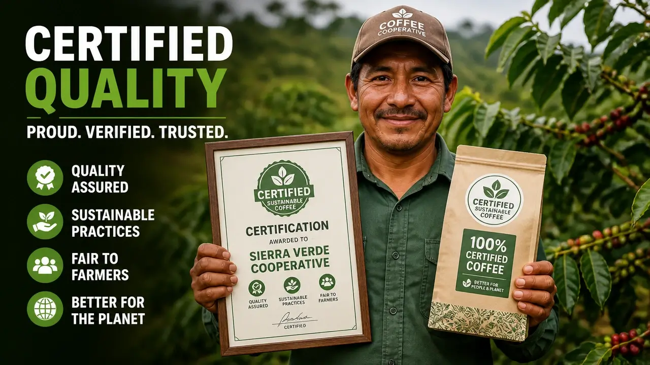 Farmer holding coffee certification certificate and certified coffee bag with logo