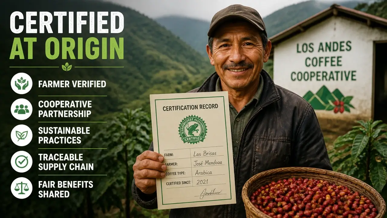 Highland coffee farmer holding a certification record with cooperative farmers
