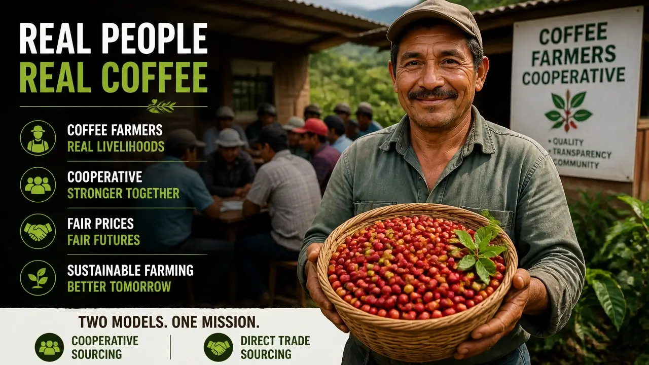 Coffee farmer holding freshly harvested red cherries during a cooperative meeting representing Fair Trade and Direct Trade sourcing