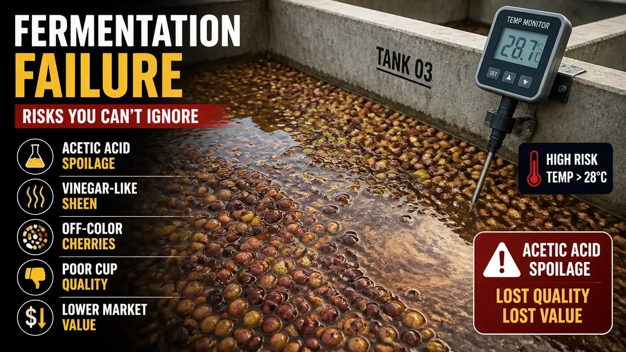 Carbonic Maceration vs Anaerobic Fermentation Coffee: The Real Differences That Change What's in Your Cup 6 Coffee fermentation tank with temperature monitor showing acetic acid spoilage signs like vinegar sheen and off-color cherries