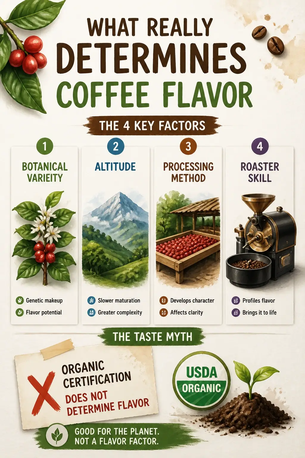 Organic vs Conventional Coffee: What the Certification Label Actually Tells You (And What It Doesn't) 6 Infographic showing coffee flavor determinants like botanical variety, altitude, processing method, and roaster skill, with organic certification revealed as not a taste factor